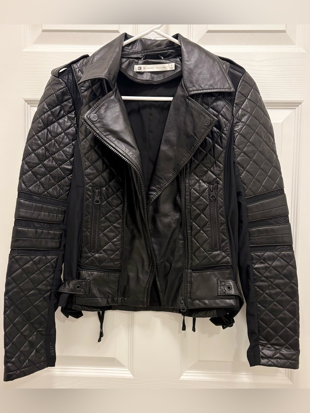 Blanc Noir Classic Genuine Leather Mesh Moto Jacket Black - Small